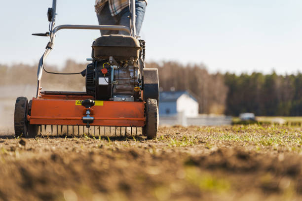 Man using aerator machine to scarification and aeration of lawn or meadow Closeup shoot of man using aerator machine to scarification and aeration of lawn or meadow scarification stock pictures, royalty-free photos & images