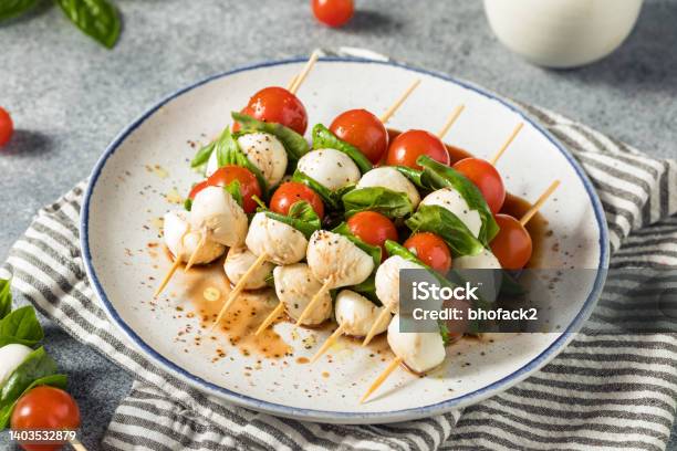 Homemade Fresh Caprese Skewer Appetizer Stock Photo - Download Image Now - Antipasto, Appetizer, Backgrounds