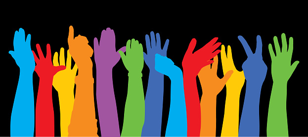 Vector illustration of multi colored raised hands on a black background.