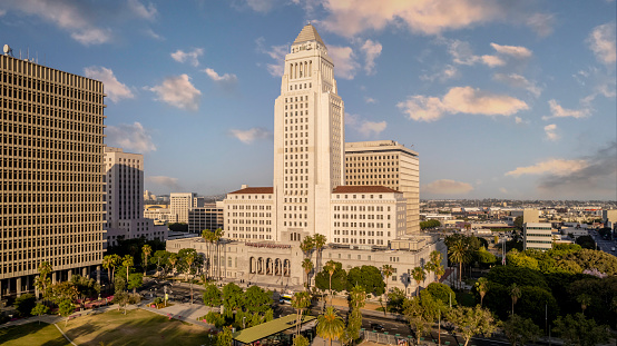 High quality stock aerial photos of the Los Angeles City Hall in downtown Los Angeles.
