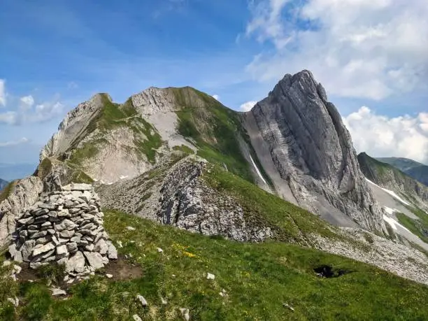 hiking in Appenzell Innerrhoden and St. Gallen. Beautiful alpstein area with big mountains. Santis Altman Schofberg