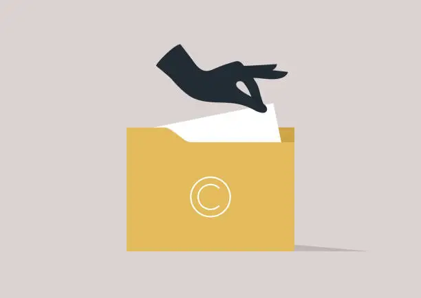 Vector illustration of Intellectual property fraud, A hand stealing a sheet of paper from a folder with a big copyright sign