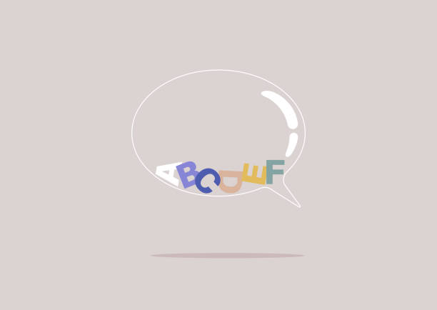 ilustrações de stock, clip art, desenhos animados e ícones de a transparent speech bubble with scattered letters inside, a dyslexia concept - glitch stutter