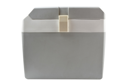 Electric cooler box isolated on the white background with clipping path, portable refrigerator