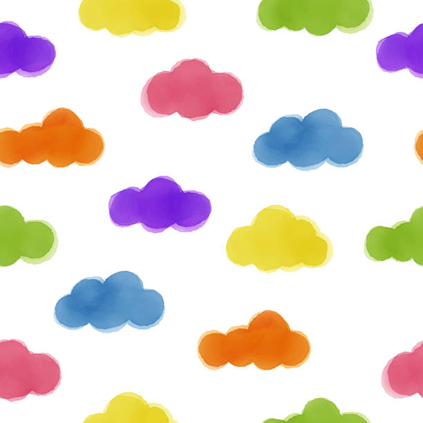 акварелью вручную р�асписаны разноцветные облака бесшовным узором. симпатичный фон для приглашения в детский душ, поздравительной открытк� - cloud cloudscape symbol ink stock illustrations