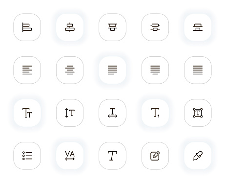 Type, paragraph and character line icons set. Text editing, alignment, format and other buttons. Vector outline pictograms for web and ui, ux mobile app design. Editable Stroke. 24x24 Pixel Perfect.