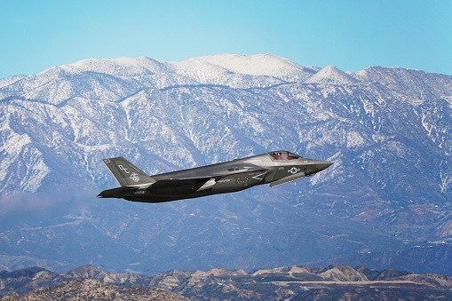 Moreno Valley, California - Feb 27, 2022: A US Marine Corps Lockheed Martin F-35 departing from March ARB.