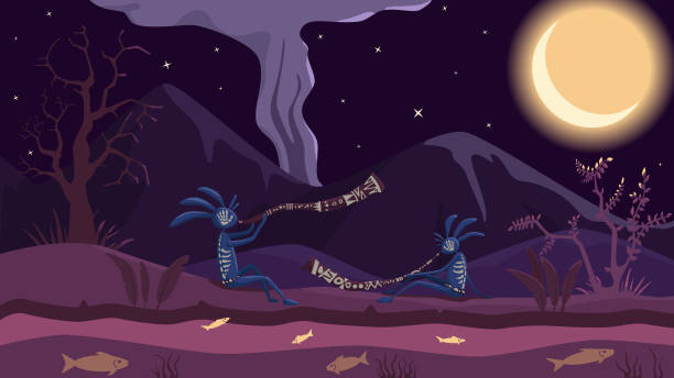 A Night Landscape With Mountains And A River, On The Shore Two Creatures Play The Didgeridoo Under The Moonlight Abstract Vector Image Of A Ritual Didgeridoo Game Of Two Creatures In Nature At Night didgeridoo stock illustrations