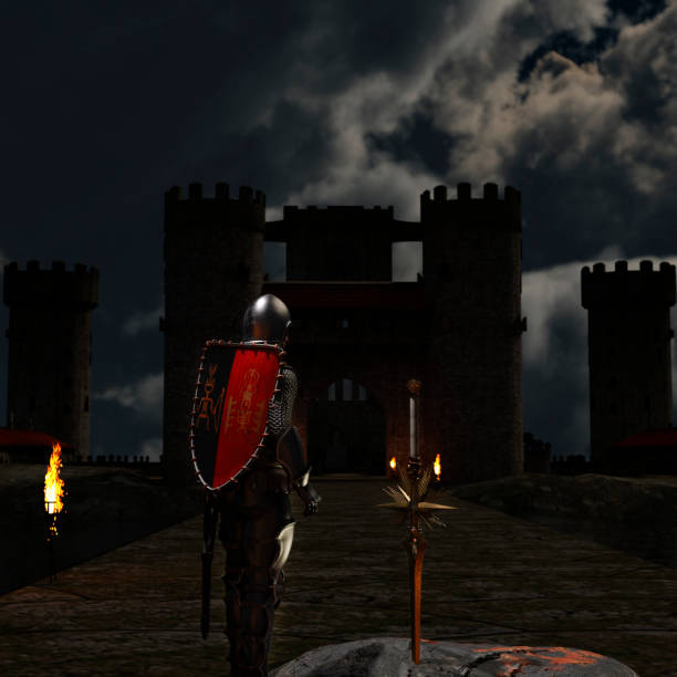 Knight looking at a sword in the stone, against the backdrop of a medieval castle Knight looking at a sword in the stone, against the backdrop of a medieval castle - 3d rendering excalibur stock pictures, royalty-free photos & images