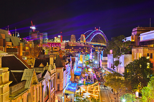 Sydney, Australia - 29 May 2022: Sydney city landmarks at Vivid Sydney light show.