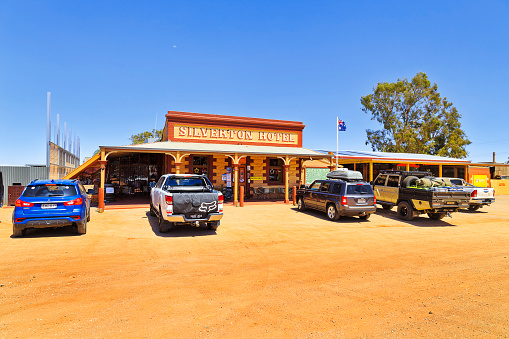 Silverton, Australia - 27 Dec 2021: Historic Silverton hotel pub and accommodation service place in ghost town of Australian outback.