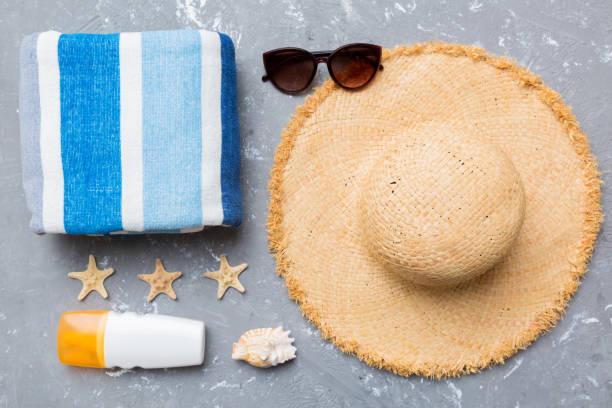 istock Summer vacation concept flat lay. beach accessories and towel top view. Space for text. travel concept 1403552593