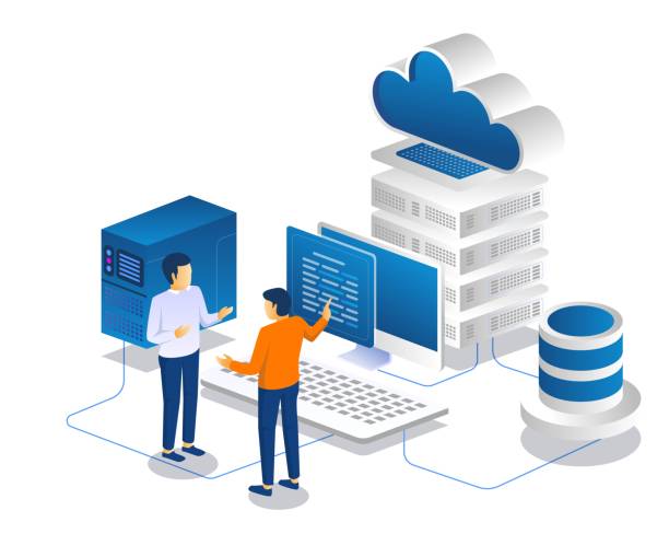 Two men having a discussion about cloud server data Two men having a discussion about cloud server data mainframe stock illustrations