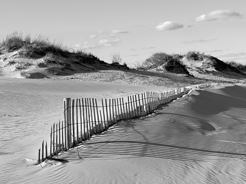 Fence on sand dunes, Stone Harbor, New Jersey, USA