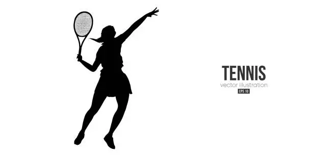 Vector illustration of Abstract silhouette of a tennis player on white background. Tennis player woman with racket hits the ball. Vector illustration