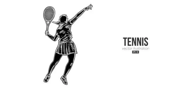 Vector illustration of Abstract silhouette of a tennis player on white background. Tennis player woman with racket hits the ball. Vector illustration