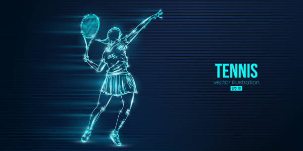 illustrazioni stock, clip art, cartoni animati e icone di tendenza di silhouette astratta di un tennista su sfondo blu. la tennista donna con la racchetta colpisce la palla. illustrazione vettoriale - tennis silhouette back lit tennis ball