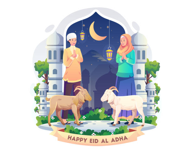 illustrazioni stock, clip art, cartoni animati e icone di tendenza di coppia musulmana che dice felice eid al adha. la gente celebra la festa del sacrificio qurban con le capre. illustrazione vettoriale in stile piatto - islam women men arabia