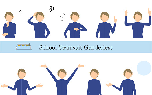 Genderless student, posed set, in Genderless swimsuitQuestioning, worrying, undertaking, pointing, etc.