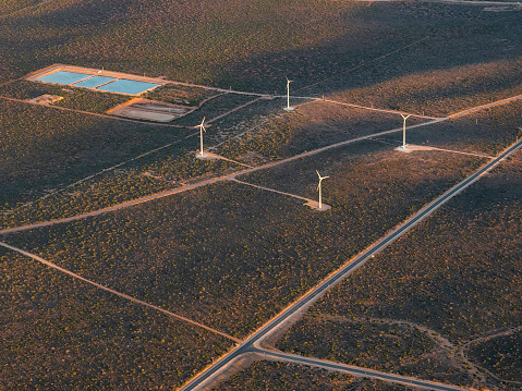 Aerial view of small windfarm near Denham in remote Western Australia