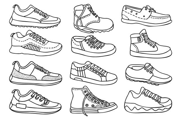 ilustraciones, imágenes clip art, dibujos animados e iconos de stock de colección de diseño de garabatos de zapatos - fashion group of objects shoe boot