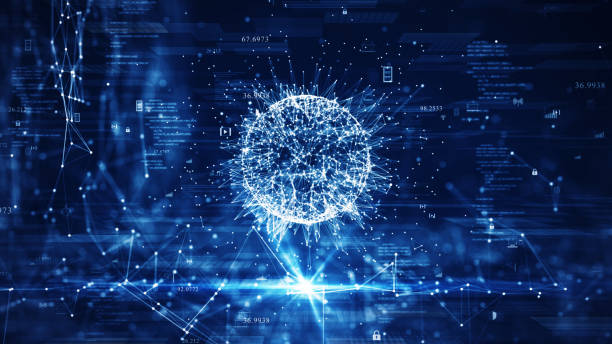 istock big data technology concept. The interconnected polygons form a prominent sphere in the center. with a grid of binary code icons surrounded on a dark blue background. data processing analysis. 1403583956