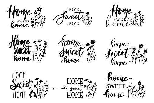 Home sweet home with flower Big set, lettering. Modern slogan , handwritten, calligraphy, doodle,hand drawn style, For housewarming,card,banner.vector illustration
