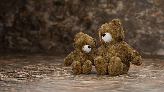 Couple of brown teddy bears sitting near a brick wall, 3d rendering
