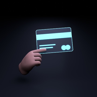 The hand holds a bank card. 3d render illustration.