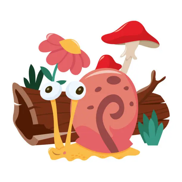 Vector illustration of Cartoon Cute Snail Wood Stump Garden