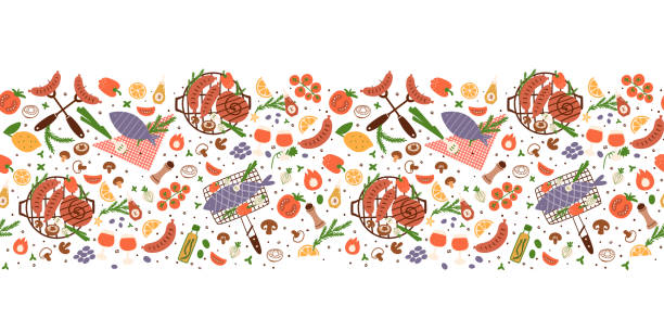 ilustrações, clipart, desenhos animados e ícones de churrasco festa fronteira perfeita. comida para piquenique de verão. banner de piquenique ao ar livre com churrasqueira, salsichas assadas, tomates, legumes, peixe grelhado, tomates. ilustração vetorial. - food vector barbecue pattern