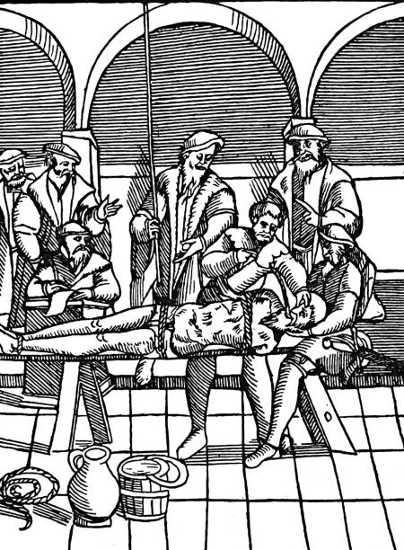 Penalties in middle ages, filling a drink into a victim The Schwedentrunk was a torture method frequently used during the Thirty Years' War, in which liquid manure or water, often mixed with urine, feces and dirty water, was poured directly into the mouth of the victim via a bucket or funnel. Illustration from 19th century. medieval torture drawings stock illustrations