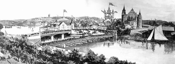 illustrazioni stock, clip art, cartoni animati e icone di tendenza di mostra d'arte e industria 1897 a stoccolma - stockholm panoramic bridge city