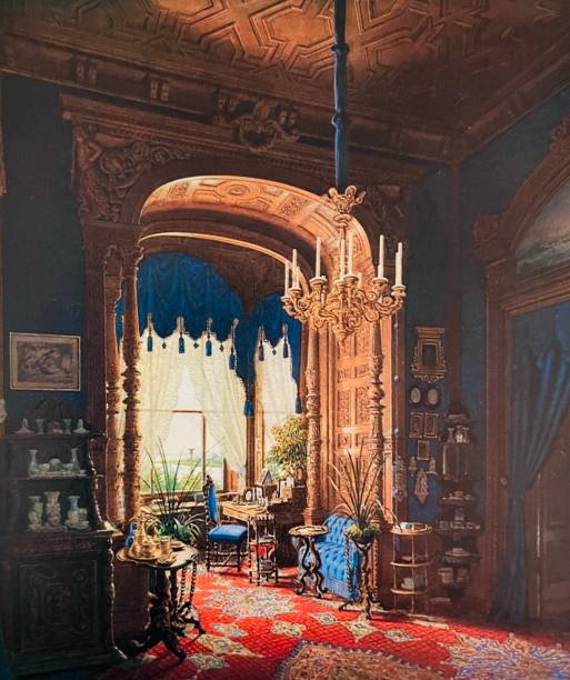 Salon of Grand Duchess Anna in Schwerin Palace Illustration from 19th century. schwerin castle stock illustrations