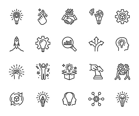 Vector set of innovation line icons. Contains icons startup, idea, product development, motivation, success, solution, entrepreneurship, automation and more. Pixel perfect.
