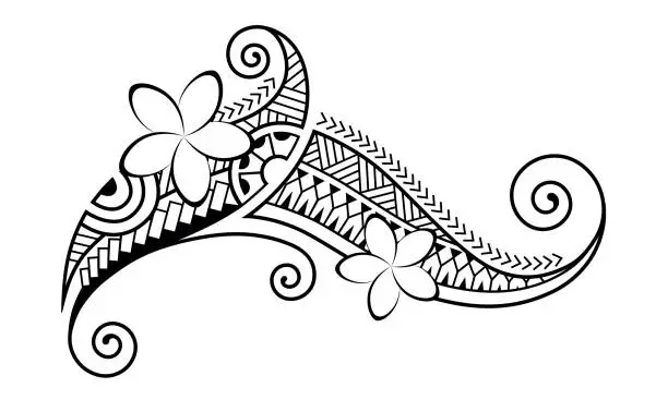 Vector illustration of Maori style tattoo. Ethnic decorative oriental ornament with Frangipani Plumeria flowers.