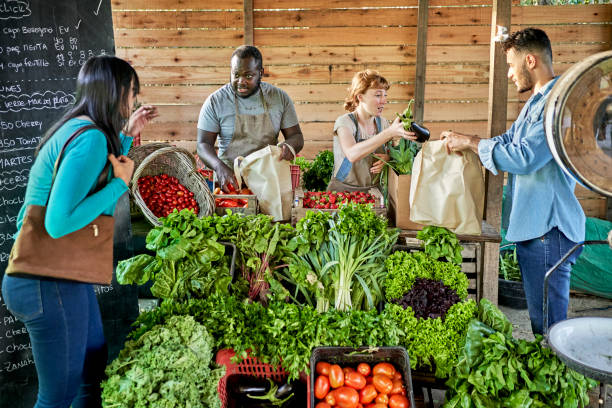 Customers buying produce direct from organic farmers Male and female farm workers in 20s and 30s assisting people with their purchases of fresh fruit and vegetables. vegetable stand stock pictures, royalty-free photos & images