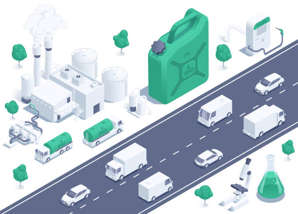 ilustrações de stock, clip art, desenhos animados e ícones de ecological biofuel - isometric gas station transportation car