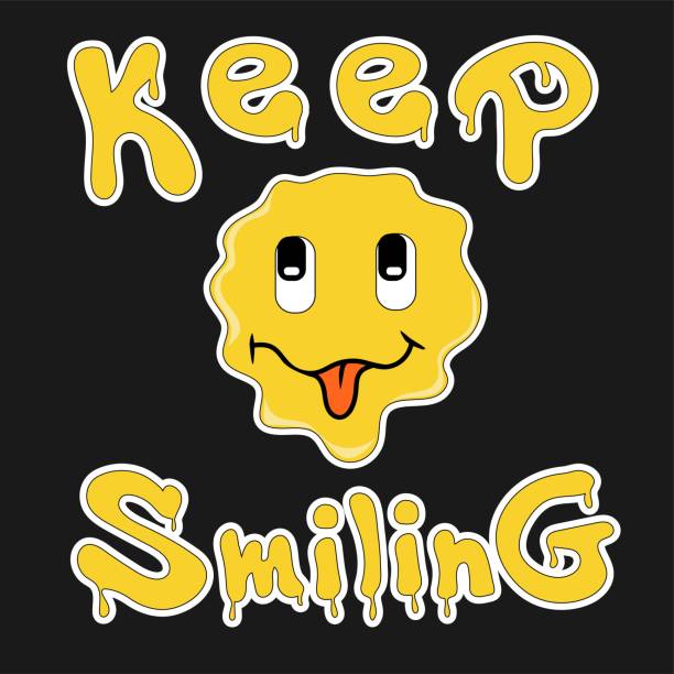 Inspirational keep smiling slogan print with melted smiley face, trippy sticker Inspirational keep smiling slogan print with melted smiley face, trippy sticker. Comic vector element for poster, graphic tee print, bullet journal cover, card. Y2K aesthetic. keeping cool stock illustrations