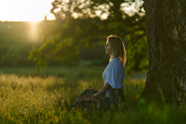 istock Young woman posing at sunset by an oak tree 1403609503