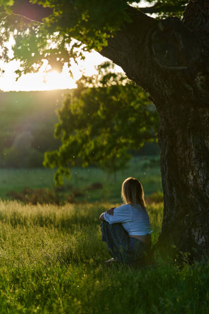 istock Young woman posing at sunset by an oak tree 1403609505