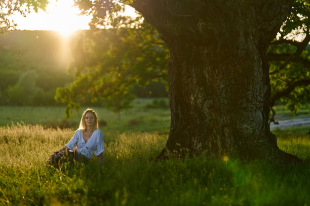 istock Young woman posing at sunset by an oak tree 1403609512