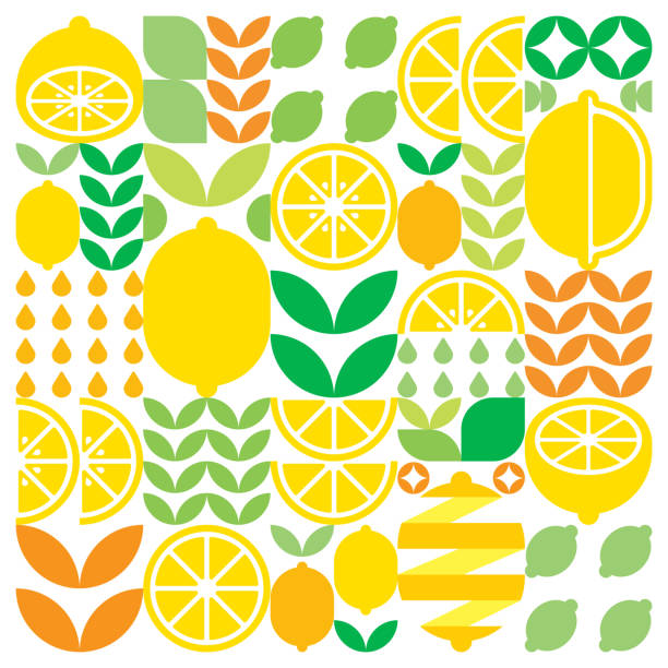 illustrations, cliparts, dessins animés et icônes de illustration abstraite de l’icône du symbole du fruit du citron. art vectoriel simple, illustration géométrique d’agrumes colorés, d’oranges, de citrons verts, de limonade et de feuilles. design moderne plat minimaliste sur fond blanc. - lemon portion citrus fruit juice