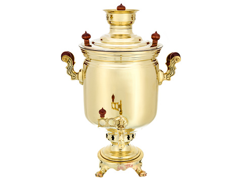 Gold Brass Old Vintage metal Traditional Russian Teapot samovar isolated on white. Folk utensils for tea drinking, water boiler.