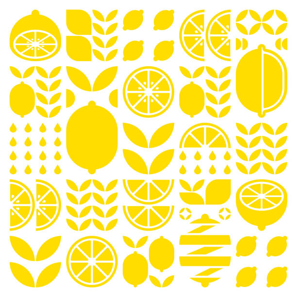 illustrations, cliparts, dessins animés et icônes de illustration abstraite d’icônes de motifs de fruits citronnés. art vectoriel simple, illustration géométrique de silhouettes d’agrumes, d’oranges, de citron vert, de limonade et de feuilles. design moderne plat minimaliste sur fond blanc. - lime fruit citrus fruit portion