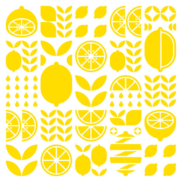 レモンフルーツのパターンアイコンの抽象的なアートワーク。シンプルなベクターアート、柑橘類、オレンジ、ライム、レモネード、葉のシルエットの幾何学的なイラスト。白い背景にミニ� - lime juice illustrations点のイラスト素材／クリップアート素材／マンガ素材／アイコン素材