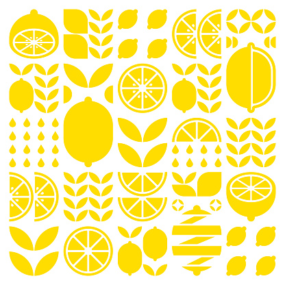 Abstract artwork of lemon fruit pattern icons. Simple vector art, geometric illustration of citrus, orange, lime, lemonade and leaves silhouettes. Minimalist flat modern design on white background.
