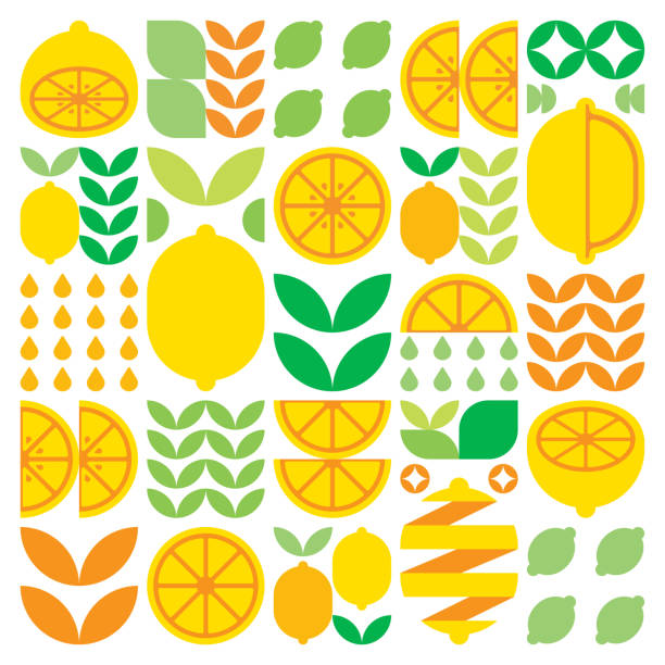 ilustraciones, imágenes clip art, dibujos animados e iconos de stock de obra de arte abstracta del icono del símbolo de la fruta del limón. arte vectorial simple, ilustración geométrica de coloridos cítricos, naranjas, limas, limonada y hojas. diseño minimalista plano moderno sobre fondo blanco. - fruit freshness tree foods and drinks