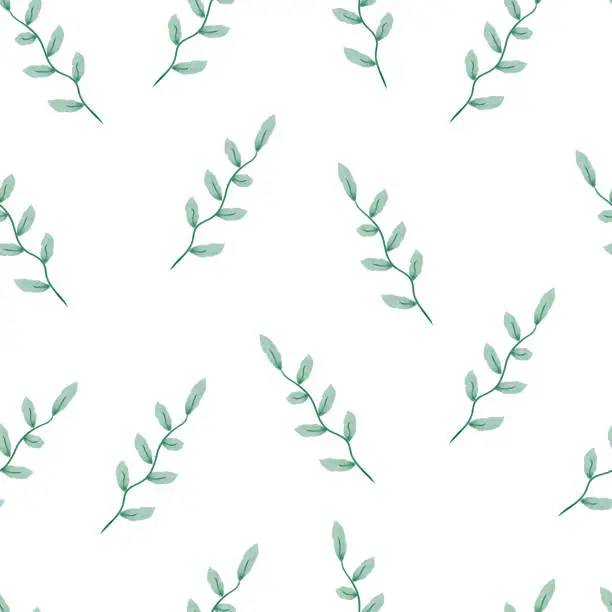 Vector illustration of Seamless watercolor floral pattern, composition of green leaves with flowers on a white background.