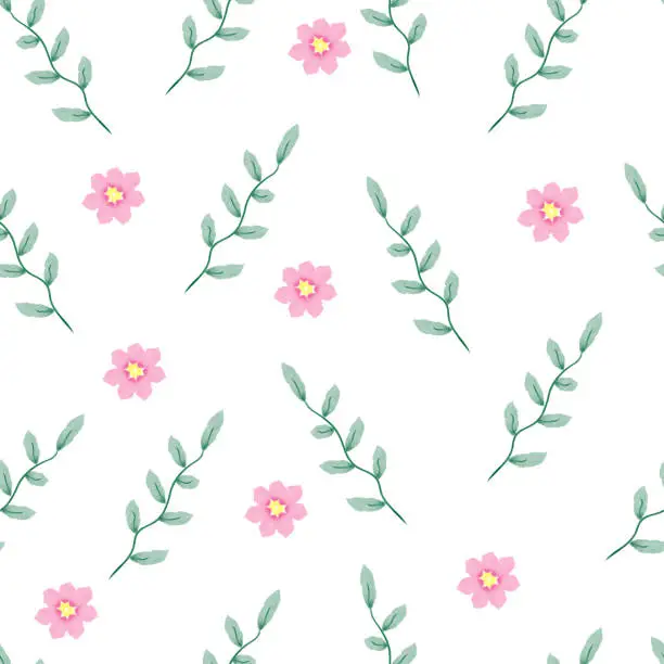 Vector illustration of Seamless watercolor floral pattern, composition of green leaves with flowers on a white background.